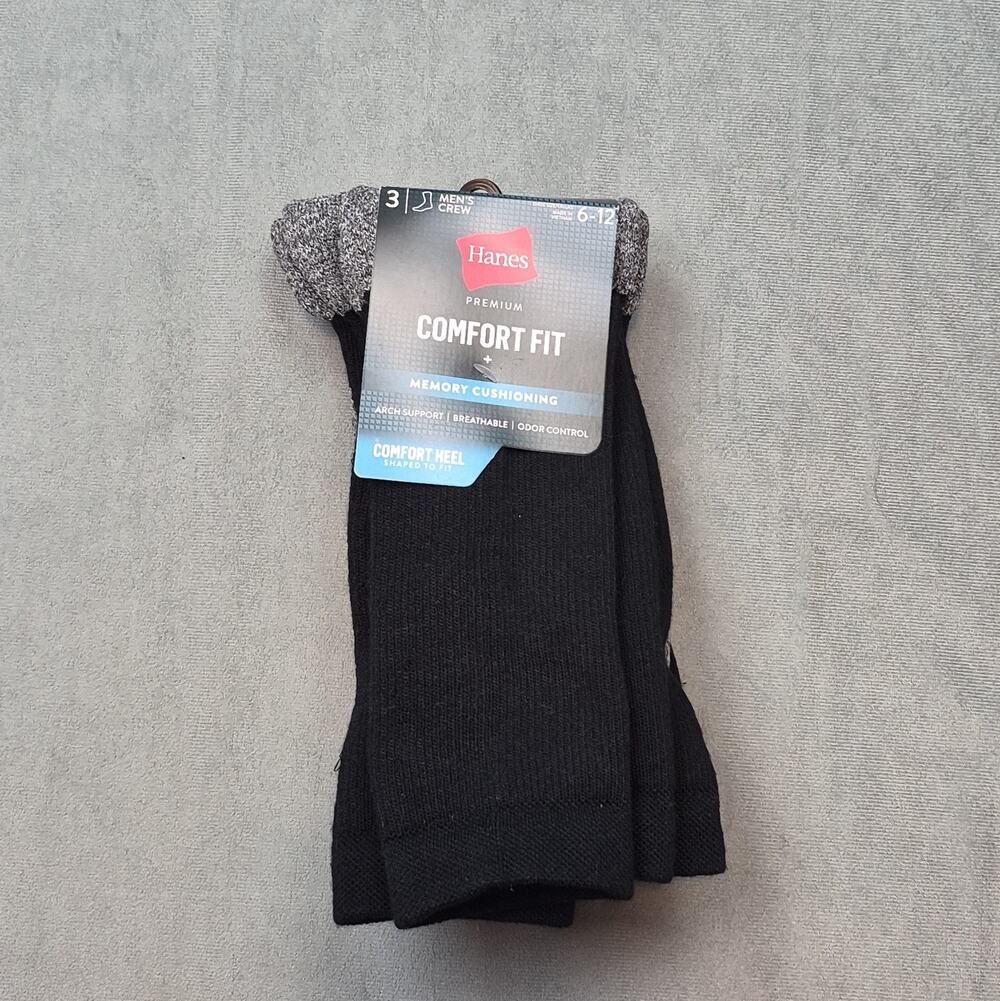 3-Pair Hanes Mens Crew Socks Gray Sz 6-12 Comfort Fit Memory Cushioning Support